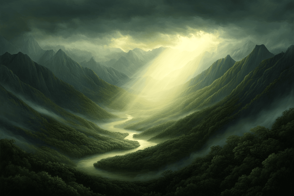 A glowing sunrise over a tranquil mountain landscape, symbolizing the journey to Nirvana and inner peace.